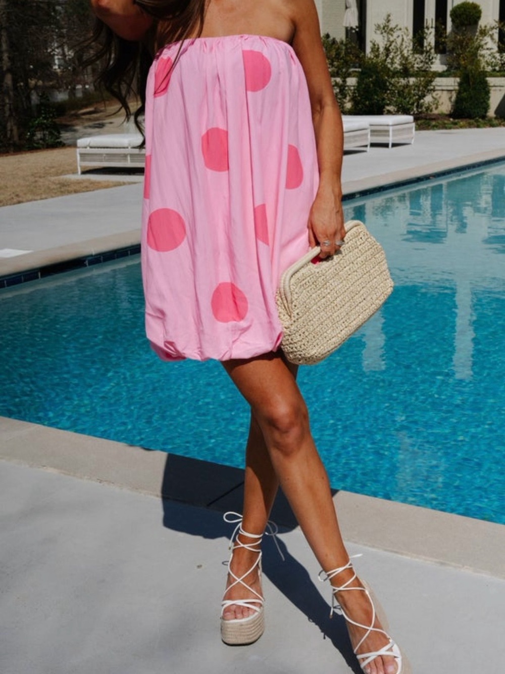 Strapless Pink Polka Dot Bubble Hem Dress